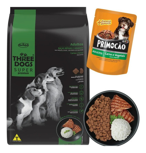 Three Dogs Super Premium Carne Y Arroz 15 Kg + 2kg Y Regalo