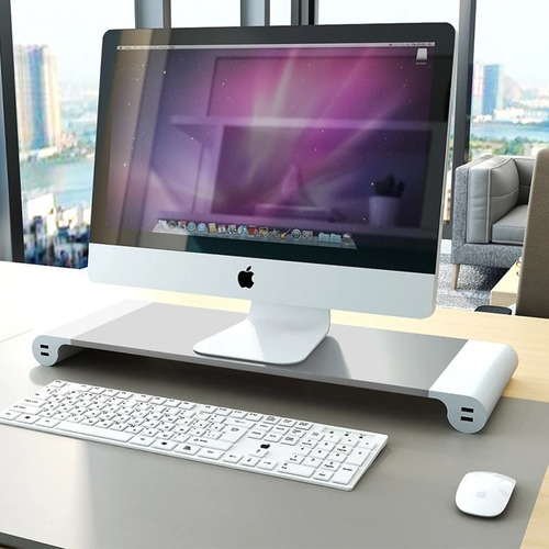 Suporte para Monitor TokShop Alumínio Premium com USB Mac Samsung 4 Entradas Usb Cor Cinza e Branco