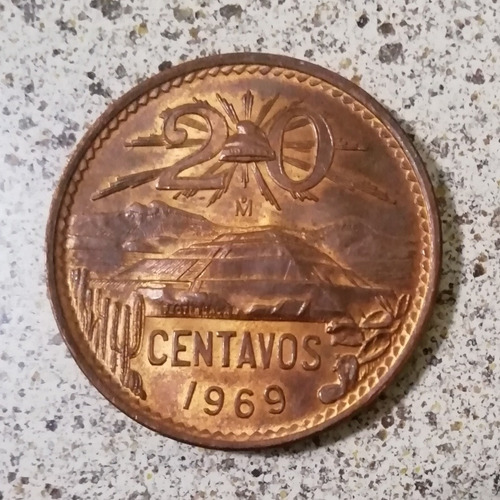 Moneda 20 Centavos 1969 Pirámide Sin Circular Brillo Orig.