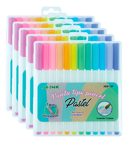 5 Pack Marcadores A-ink Plumón Punta Pincel 12 Color Pastel