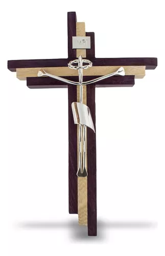 Crucifijo Pared Cristo Plateado Con Madera Escalera