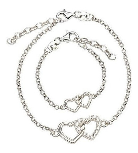 Conjunto De Pulsera De Doble Corazon De Plata Mama Y Yo Para