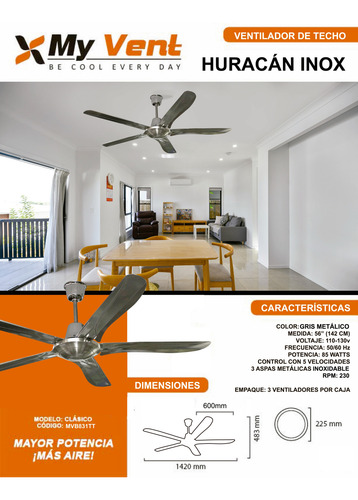 Tripack - Ventilador Industrial De Techo Huracán Inox 1.422 M 60hz-85w Plateado Plateado Acero 5