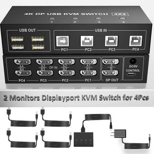 Displayport Kvm Switch 4 Computadoras 2 Monitores, 4k 60hz 4