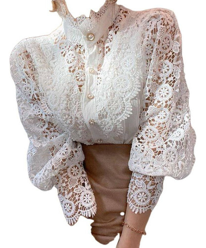 Blusa De Encaje Blanco Con Cuello Redondo Para Mujer 50ot 