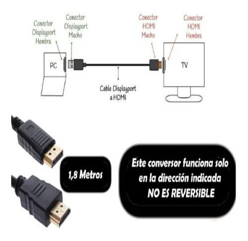 Imagen 3 de 3 de Adaptador Cable Displayport A Hdmi 1.8 Metros Display Port