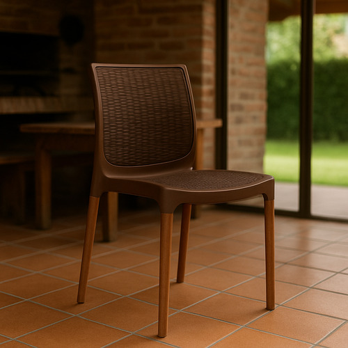 Pack X2 Silla Reforzada India Ratan Plastico Patas Madera Marrón