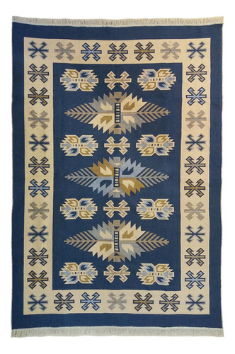 Tapete Sala Kilin Gashgai 240x300 Dupla Face Tribal Handmade Cor Azul Desenho Do Tecido Geométrico