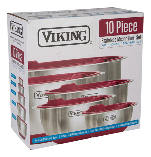 Set 5 Bowl Acero Inoxidable Con Tapas Plasticas Viking Rojo