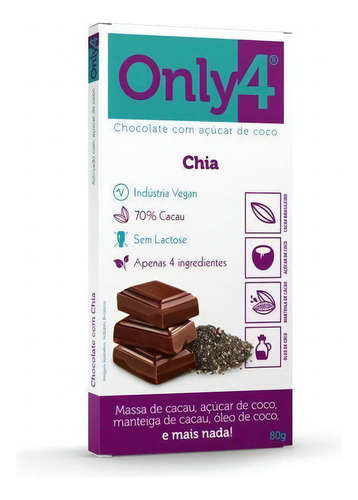 Kit 2 Chocolate 70% Cacau Chia S/ Lactose Vegano Only4 80g
