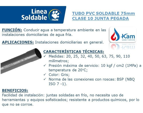 Tubo Soldable 75mm X 6mts Tigre Clase 10 Caño Piscina Riego