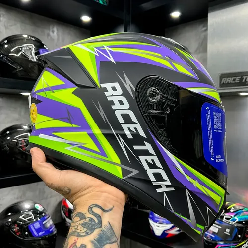 Capacete Race Tech Hit Spark Roxo Verde Fosco Fechado Moto