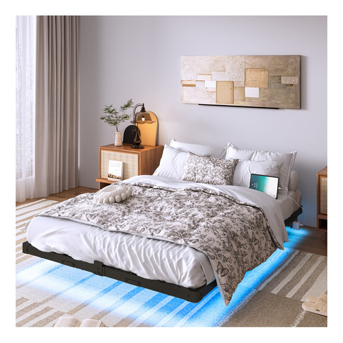Base De Cama Flotante Matrimonial Con Luces Led+usb+tomas