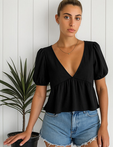 Remera Blusa Lino Spandex Espalda Abierta Con Volado Dp*