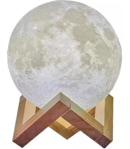 Luminária Led Lua Cheia 3d Muda De Cor Suporte Madeira 15cm