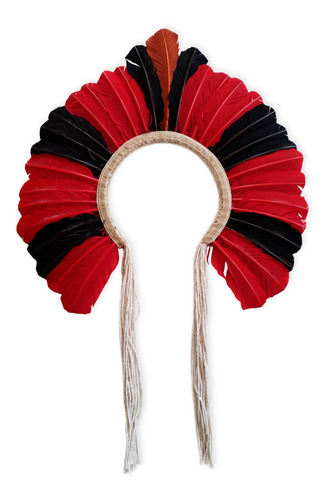 Cocar Indígena Penas Coloridas Decoração Vermelho E Preto