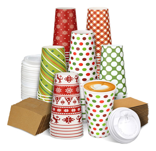 Tazas De Cafe De Papel De Navidad Con Tapas Y Fundas Desecha