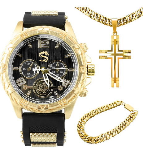 Relógio Masculino Aço Inox Social Banhado Dourado + Corrente