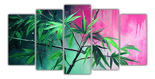 150x75cm Cuadro De Hojas De Bambú En Verde Y Rosa Flores