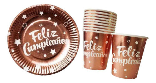 Set De Platitos Con Vasos Descartables Rosa Gold X20 Piezas