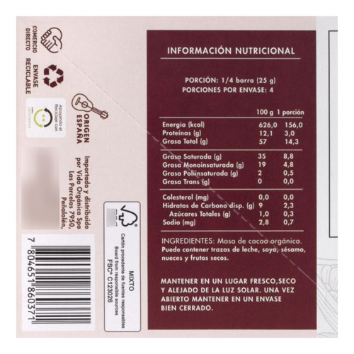 Chocolate 100% Cacao Sin Gluten Manare 100 G Andina Grains