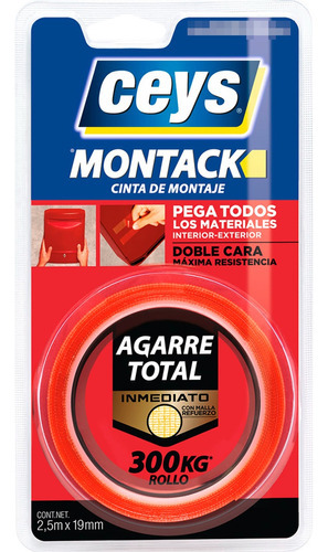 Cinta Montaje Doble Cara Ceys Montack Inmediato 2,5 Mts Color Rojo