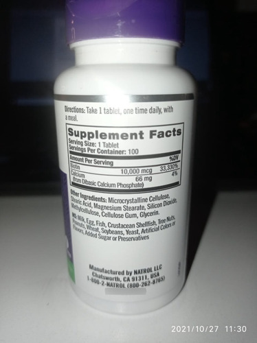 Imagen 3 de 3 de Biotina Natrol 10,000 Mcg Usa American Usa