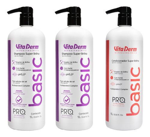 Kit 2 Shampoo 1l. 1 Condicionador 1l. Pro Basic Vita Derm