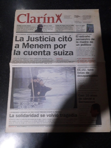 Tapa Diario Clarín 21 8 2002 Menem Cuenta Suiza 