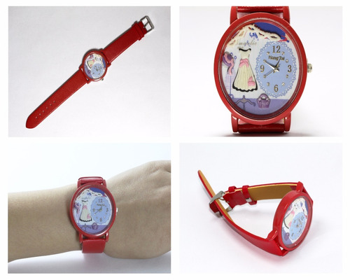 Reloj Niña Dama Moda Rojo Vestido Y Fondo Beige R199