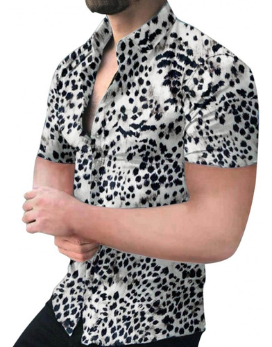 Camisa Manga Corta Para Hombre Estampado Leopardo Talla Alta