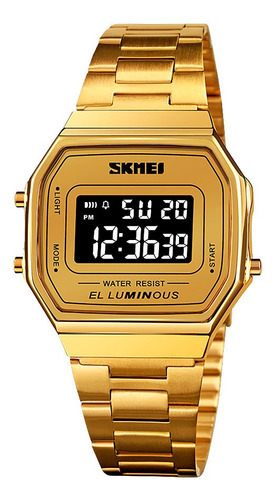 Reloj Hombre Skmei 1647 Acero Alarma Cronometro Elegante Color De La Malla Dorado Color Del Fondo Negro