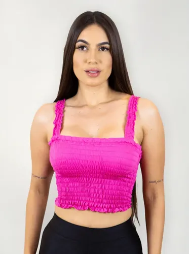 Cropped Lastex Rosa Pink Blusinha Alça Blusa Top Franzido