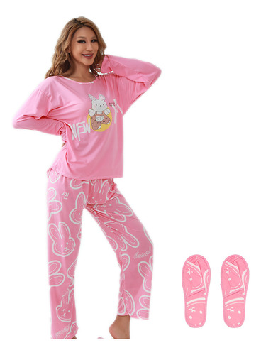 3pzs Pijamas Mujer Primavera Manga Y Pantalón Y Pantuflas