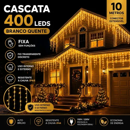 Cascata Natal Luz Fixa 400 Leds 10 Metros Branco Quente Extensível Macho Fêmea A Prova D'agua área interna e externa LARUNO