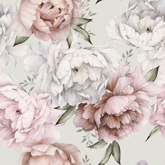 Imagem 1 de 3 de Papel De Parede Floral Com Peônias Em Fundo Claro, Aquarela.