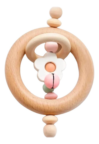 Sonaja De Madera Orgánica Cascabel Para Bebe Flor Rosa