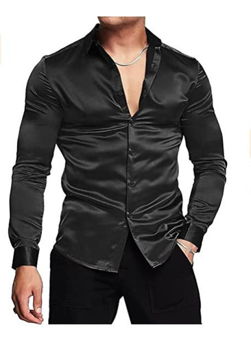 Camisa De Vestir De Satén De Seda Para Hombre, Manga Larga,