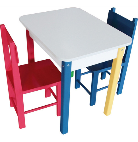 Mesa Retangular Infantil Colorida Com 2 Cadeiras - Madeira