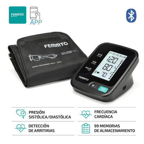 Tensiometro Brazo Bluetooth Monitor Presion Arterial Digital Bateria Recargable Usb Retroiluminado Femmto Bpa4