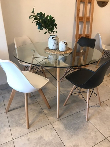 Mesa De Comedor Redonda Vidrio Pata Madera Eames 120cm