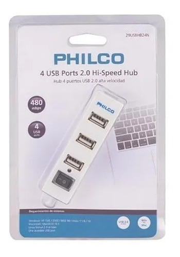 Hub Usb 4 Puertos 2.0 Cable De 55 Cms Negro Philco Hi Speed