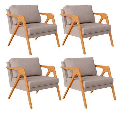 Kit 4 Poltronas Decorativa Para Sala Estar Pietra Linho Bege Desenho Do Tecido Liso