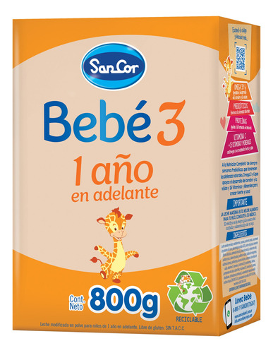 Leche Sancor Bebe 3 (+2 Años) Nutricion En Polvo 800 Grs