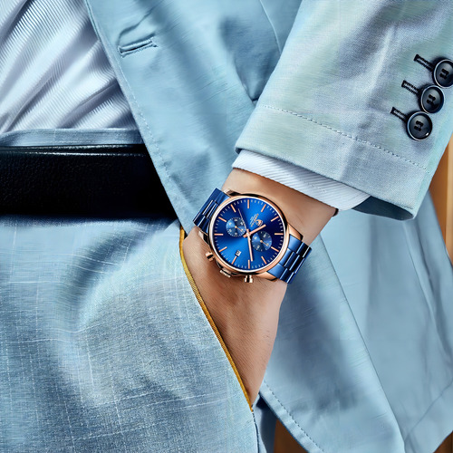 Reloj Cronógrafo De Cuarzo De Acero Inoxidable Para Hombre Fondo Oro Rosa/azul