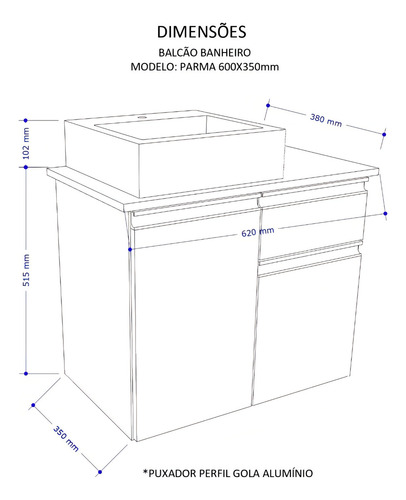 Balcão Banheiro Parma Com Tampo E Cuba - Mdf Cores 60cm Cor da pia Branco Cor do móvel Amadeirado