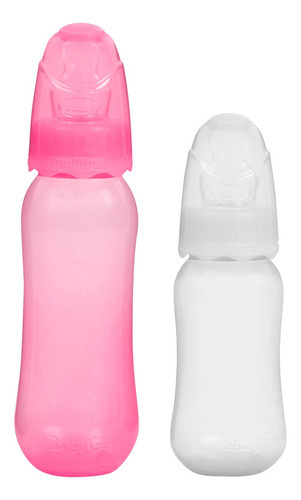 Kit Mamadeira Antivazamento 240ml + 150ml +6 Meses Silicone Cor Rosa e Branco