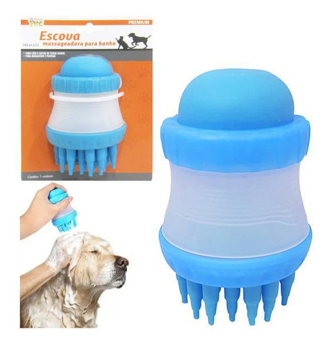 Escova Massageadora Para Cachorro E Gato Com Dispenser Azul