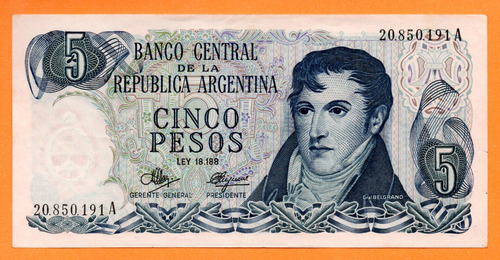 Billete 5 Pesos Ley, Bottero 2322, Año 1972 Exc