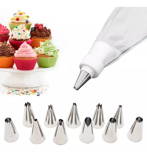 Kit 1 Saco Decorador Confeiteiro com 12 Bicos Inox para Bolo e Cup Cake